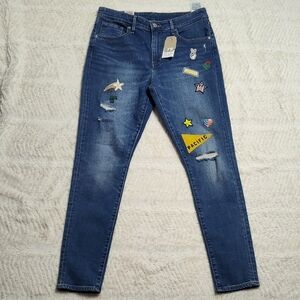 Levi's 721 High Rise Skinny Montana Sky Rider Patchwork Jeans Blue Denim